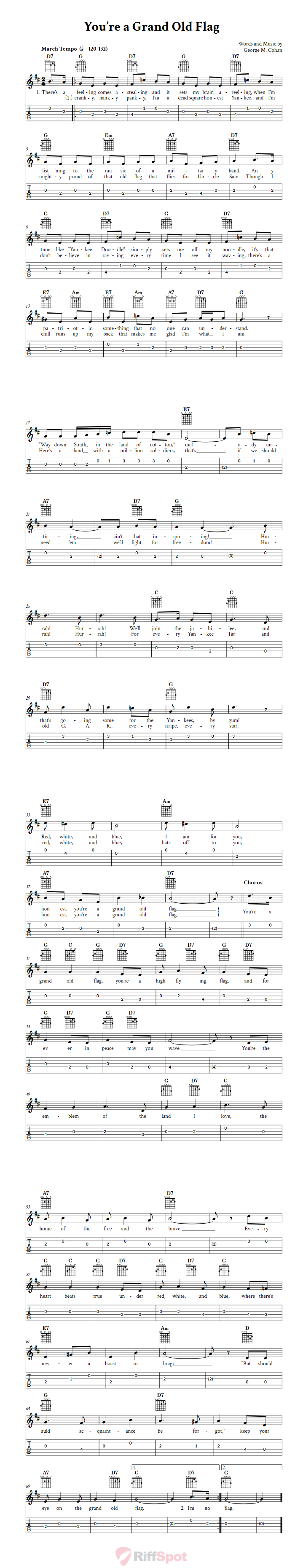 You Re A Grand Old Flag Easy Guitar Sheet Music And Tab With Chords And Lyrics