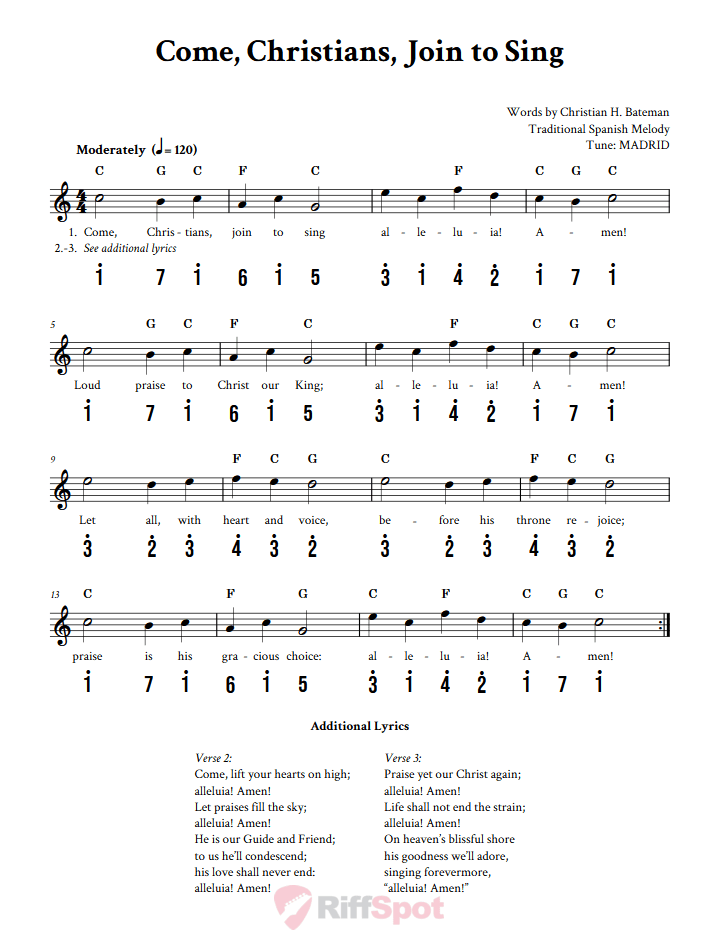 Come, Christians, Join to Sing Kalimba Tab
