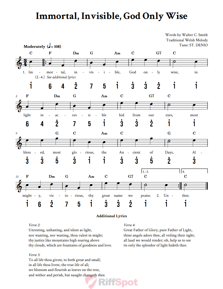 Immortal, Invisible, God Only Wise Kalimba Tab
