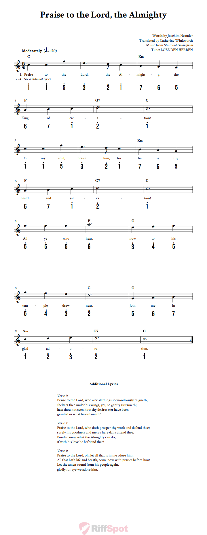 Praise to the Lord, the Almighty Kalimba Tab