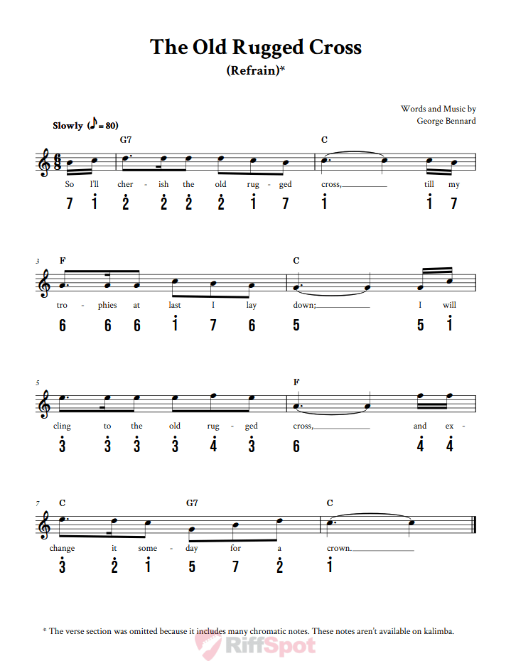 The Old Rugged Cross Kalimba Tab