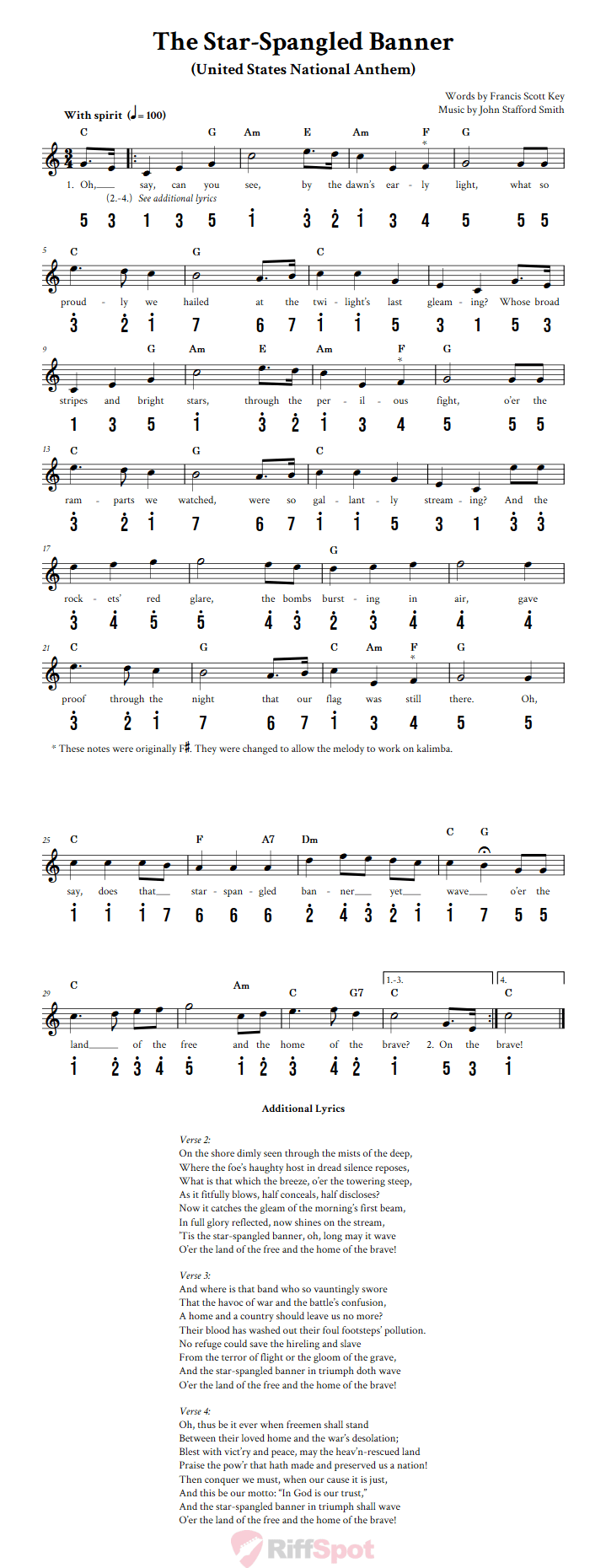 The Star-Spangled Banner Kalimba Tab