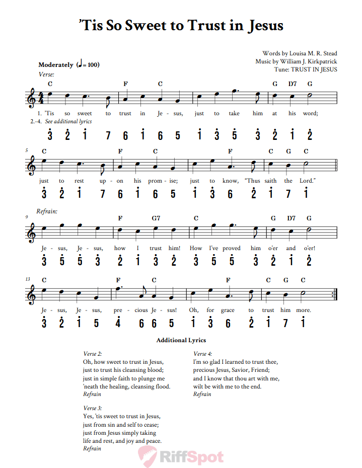 Tis So Sweet To Trust In Jesus Kalimba Tab