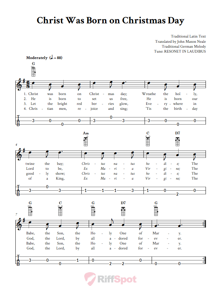 Christ Was Born on Christmas Day Loog Guitar Tab