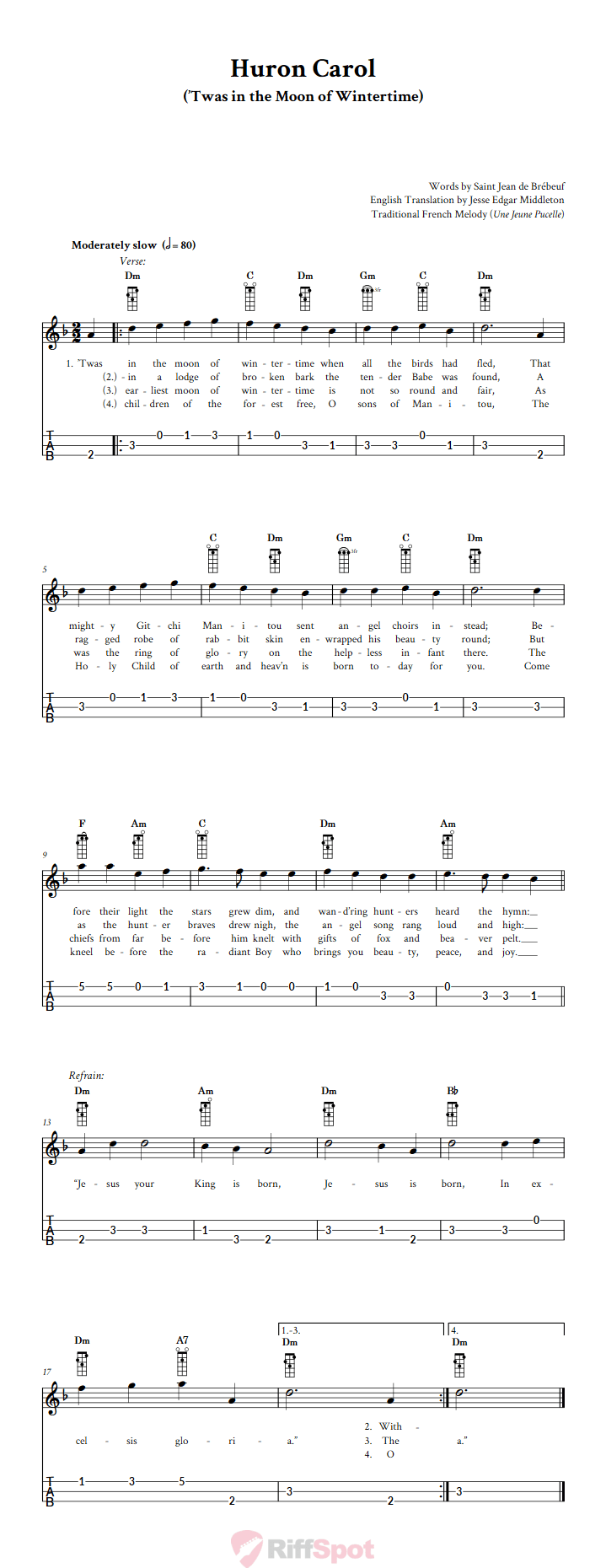 Huron Carol Loog Guitar Tab