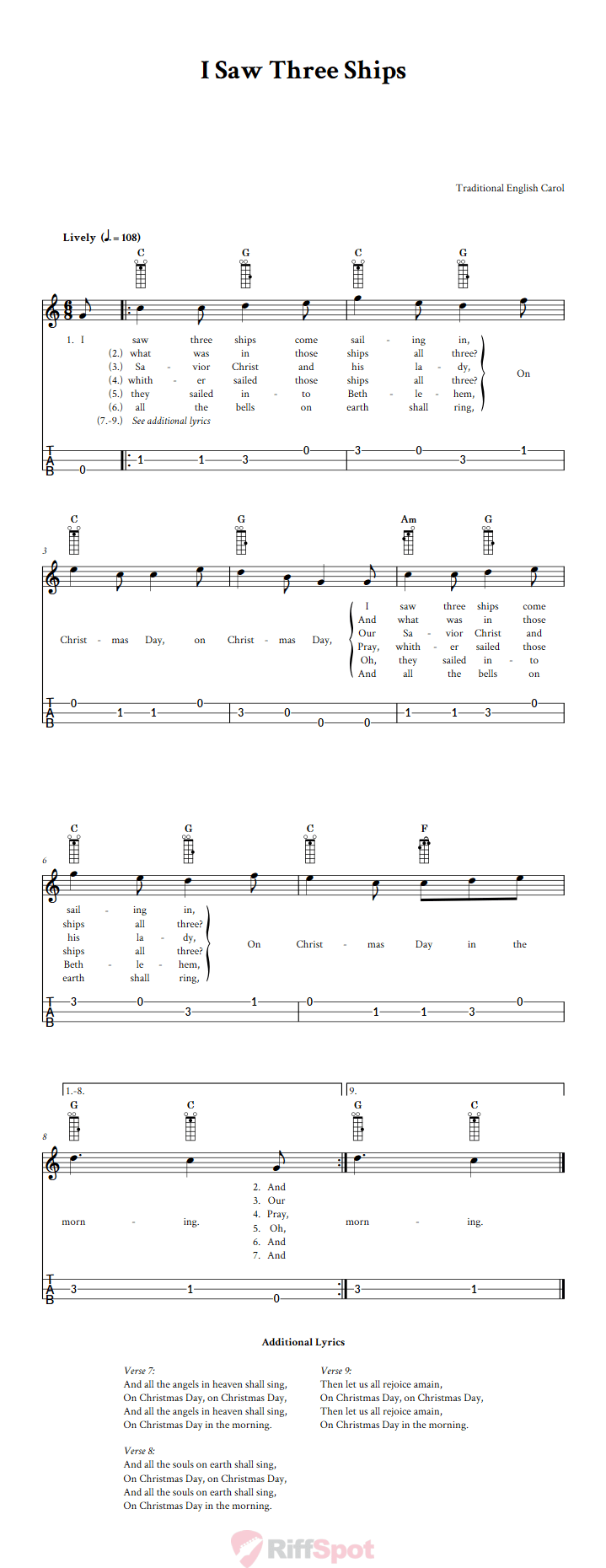 I Saw Three Ships Loog Guitar Tab