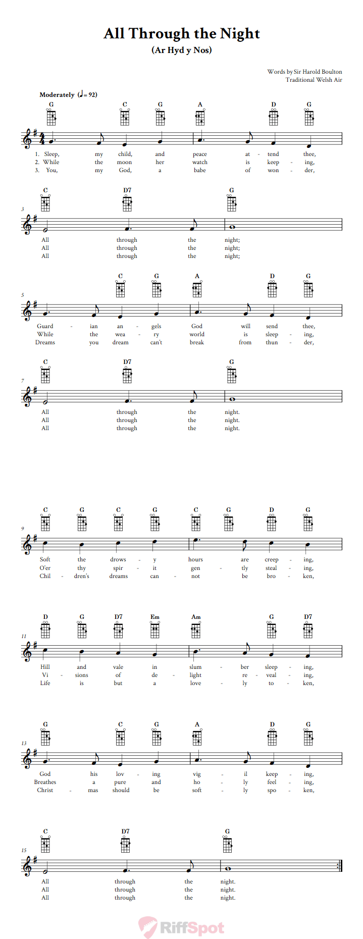 All Through the Night Mandolin Chords and Vocal Sheet Music