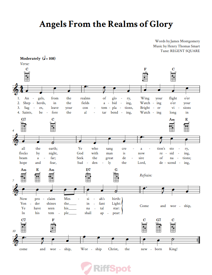 Angels From the Realms of Glory Mandolin Chords and Vocal Sheet Music