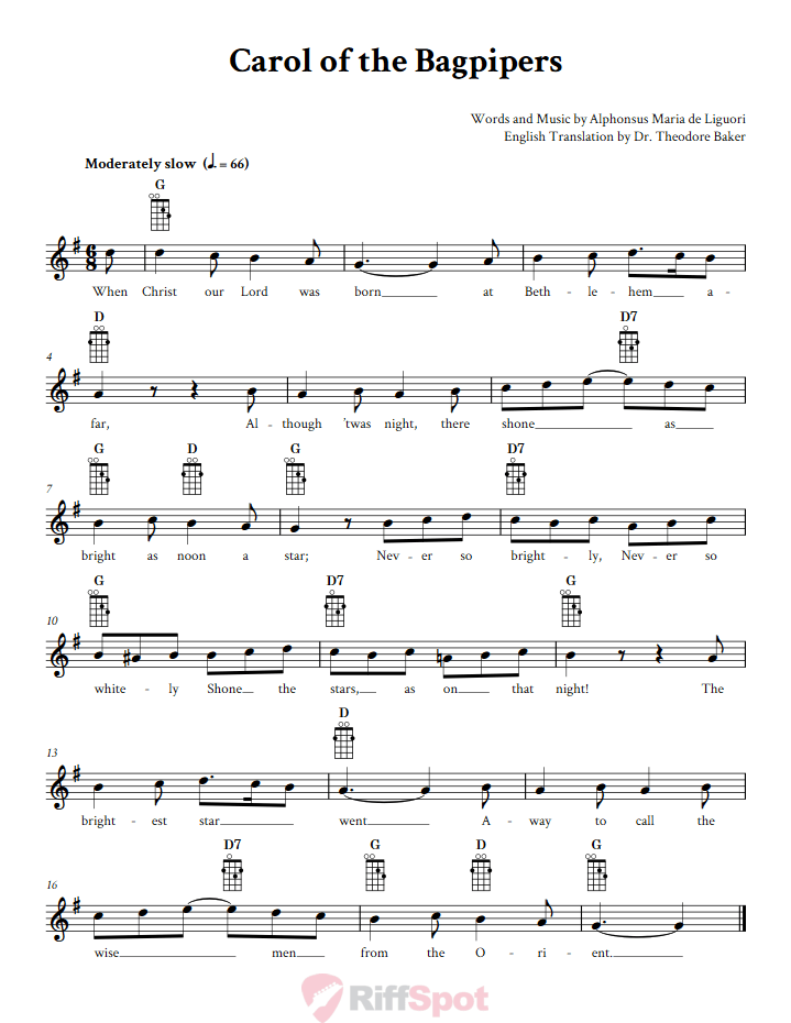 Carol of the Bagpipers Mandolin Chords and Vocal Sheet Music