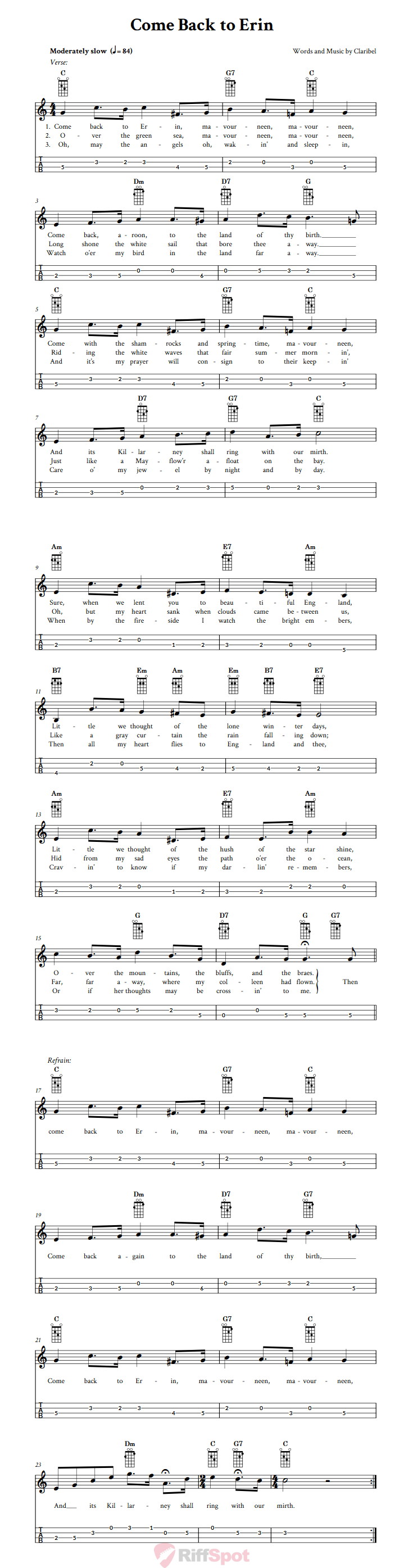 Come Back To Erin Mandolin Tab