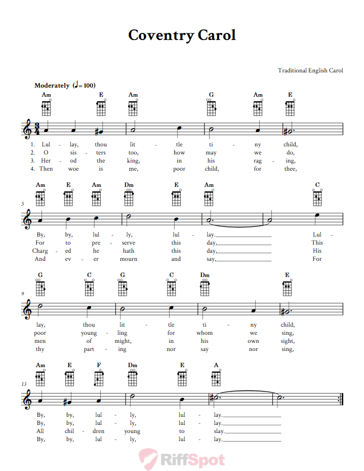 Coventry Carol Mandolin Chords and Vocal Sheet Music