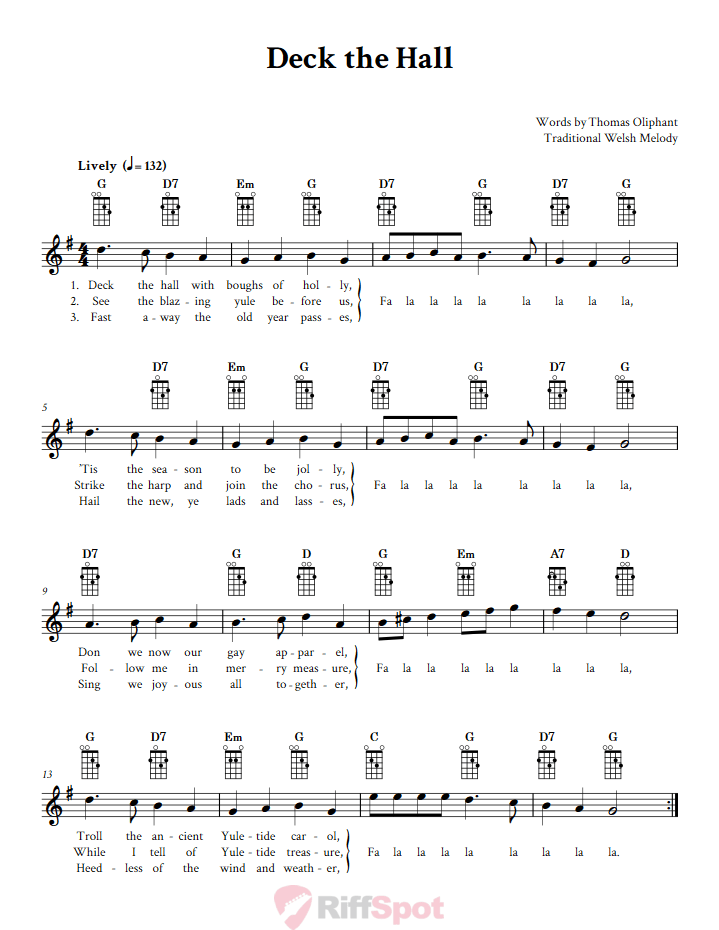 Deck the Hall Mandolin Chords and Vocal Sheet Music