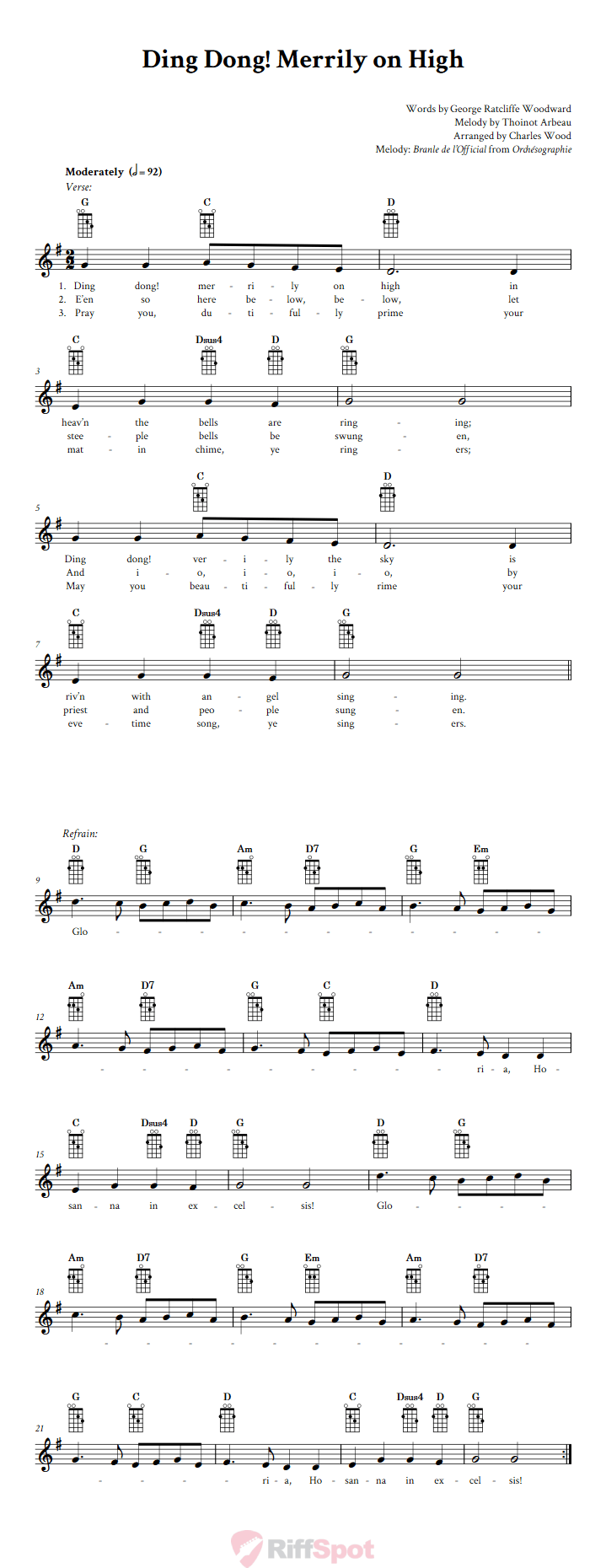 Ding Dong! Merrily on High Mandolin Chords and Vocal Sheet Music