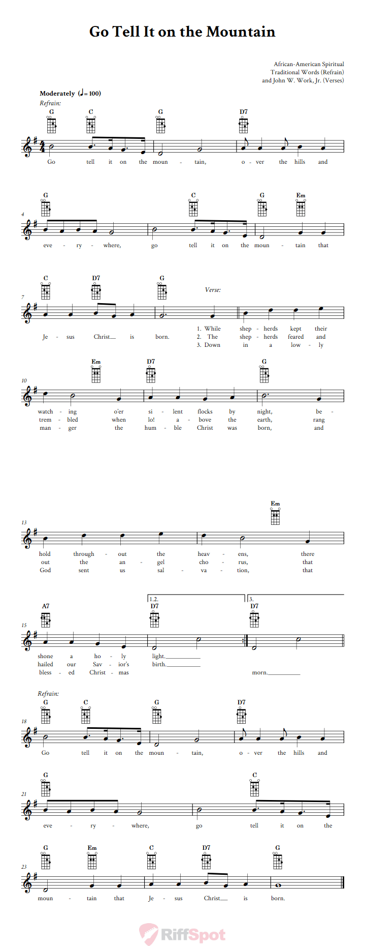 Go Tell It on the Mountain Mandolin Chords and Vocal Sheet Music