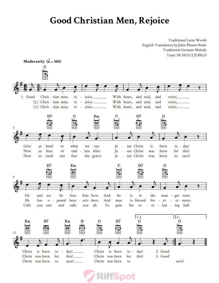 Good Christian Men Rejoice Mandolin Chords and Vocal Sheet Music