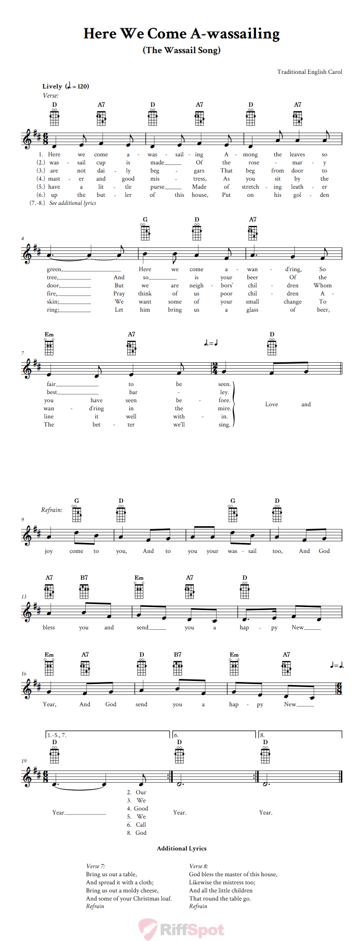 Here We Come A-wassailing Mandolin Chords and Vocal Sheet Music