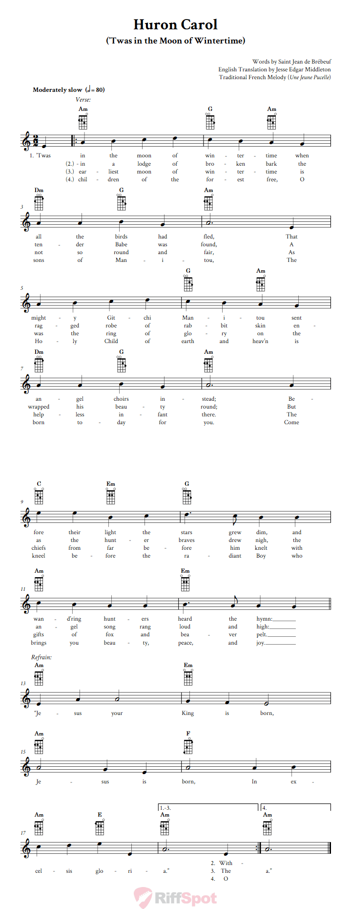 Huron Carol Mandolin Chords and Vocal Sheet Music
