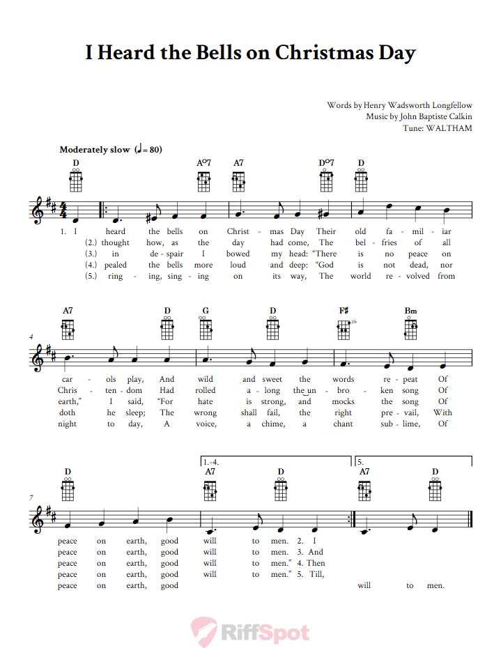 I Heard the Bells on Christmas Day Mandolin Chords and Vocal Sheet Music