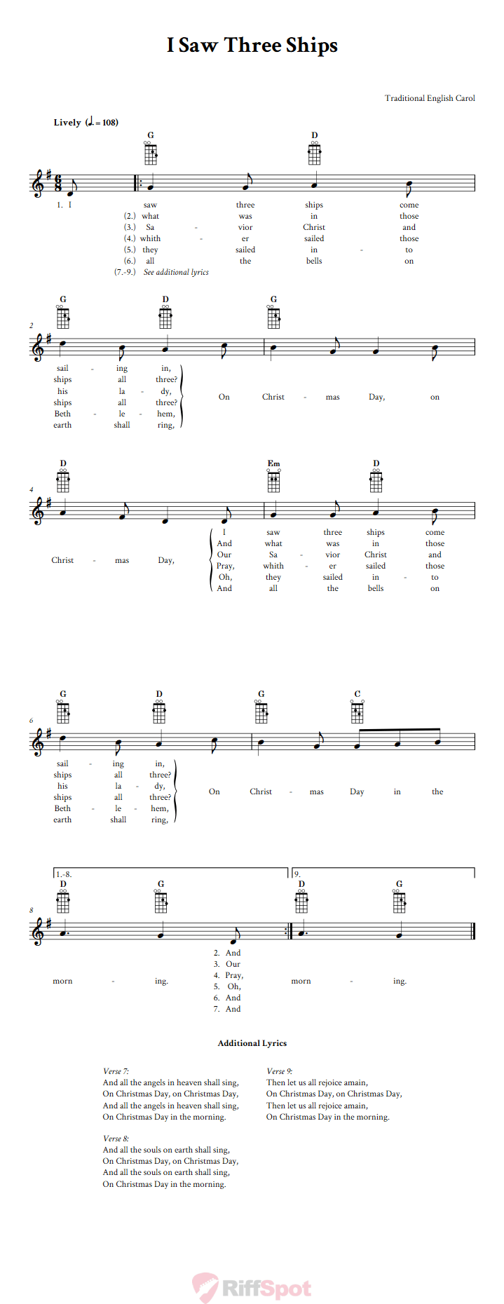I Saw Three Ships Mandolin Chords and Vocal Sheet Music