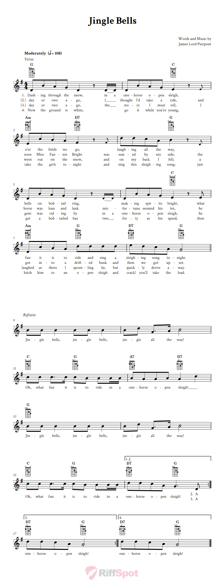 Jingle Bells Mandolin Chords and Vocal Sheet Music