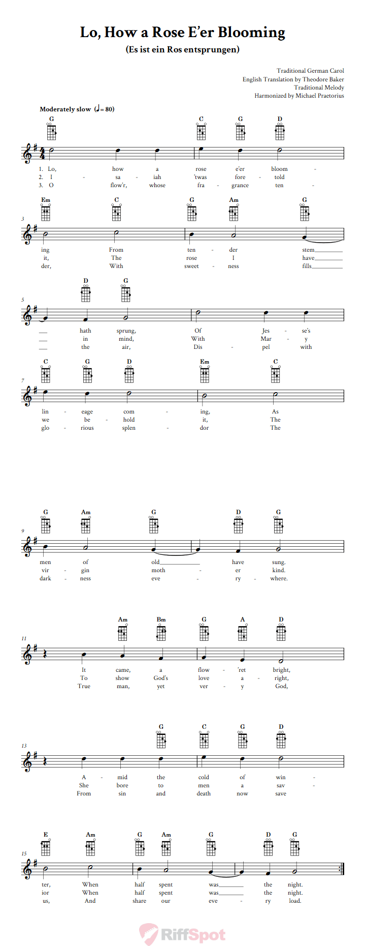 Lo, How a Rose E'er Blooming Mandolin Chords and Vocal Sheet Music