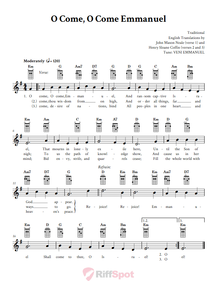 O Come, O Come Emmanuel Mandolin Chords and Vocal Sheet Music