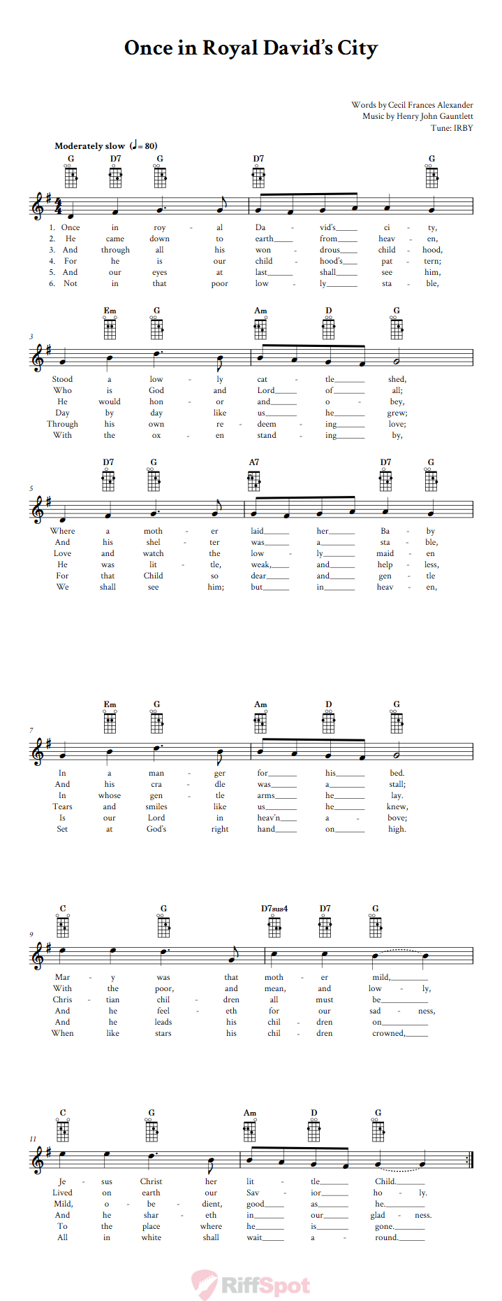 Once in Royal David's City Mandolin Chords and Vocal Sheet Music