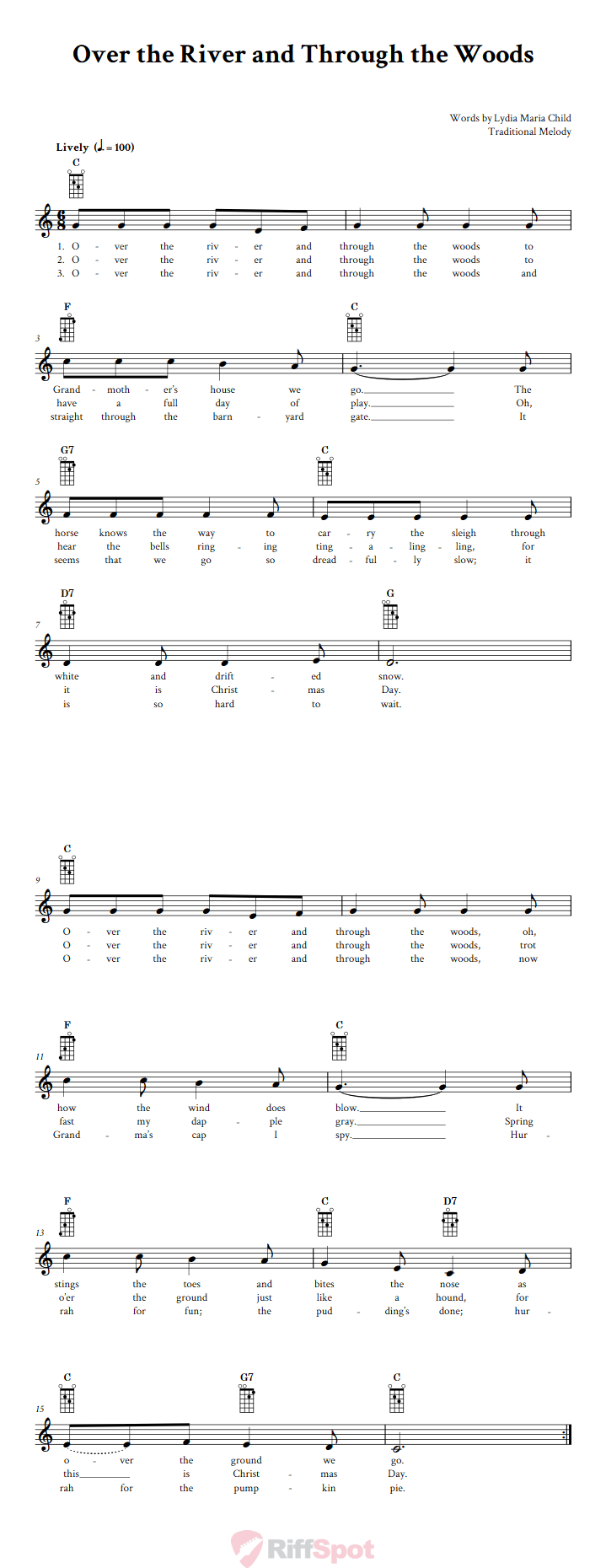 Over the River and Through the Woods Mandolin Chords and Vocal Sheet Music