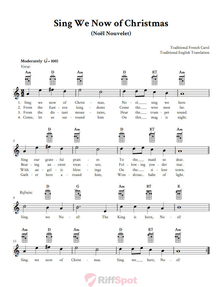 Sing We Now of Christmas Mandolin Chords and Vocal Sheet Music
