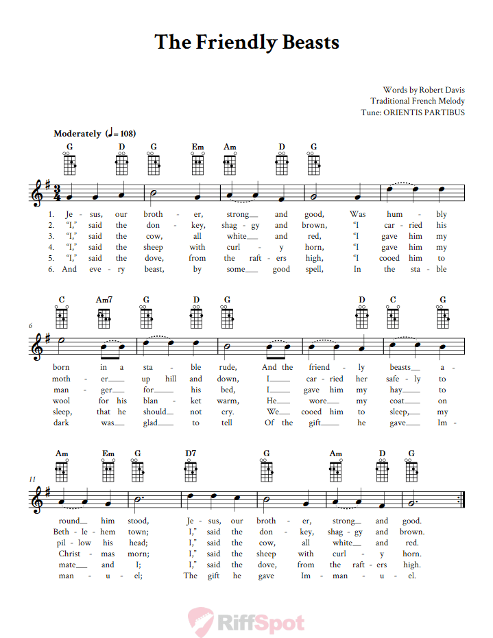 The Friendly Beasts Mandolin Chords and Vocal Sheet Music