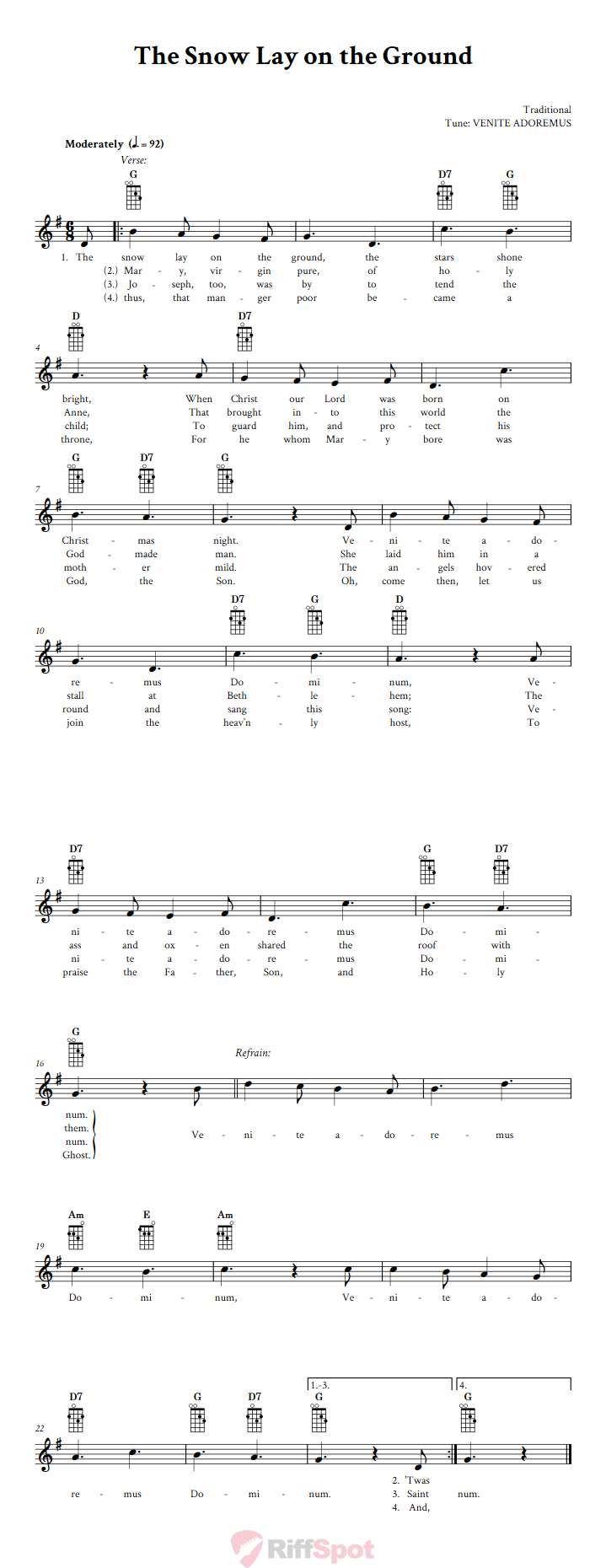The Snow Lay on the Ground Mandolin Chords and Vocal Sheet Music