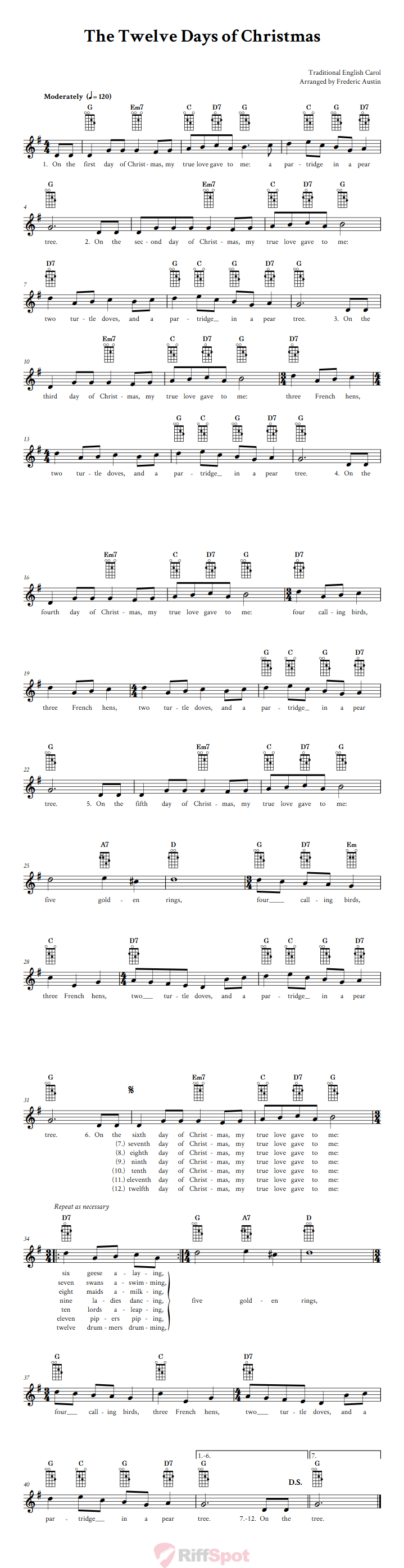 The Twelve Days of Christmas Mandolin Chords and Vocal Sheet Music