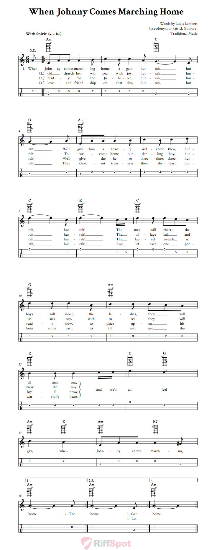 When Johnny Comes Marching Home Mandolin Tab