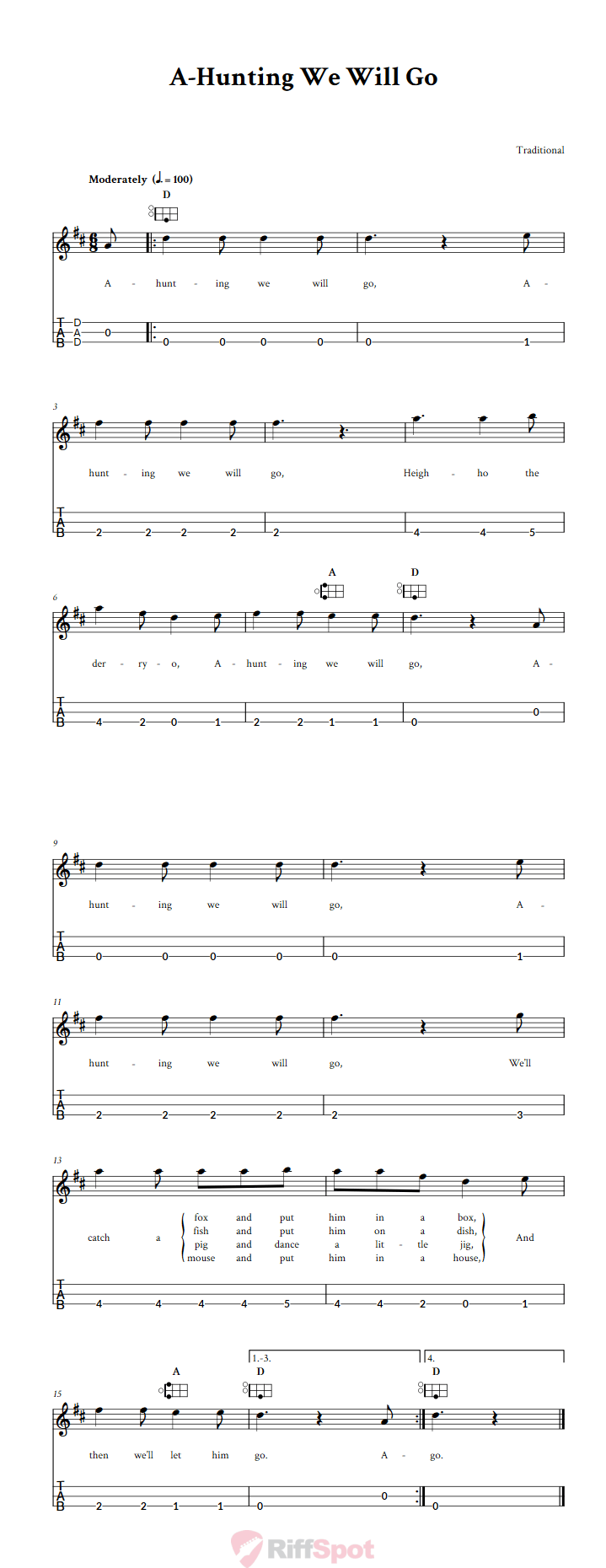 A-Hunting We Will Go Easy Mountain Dulcimer Tab (DAD Tuning)
