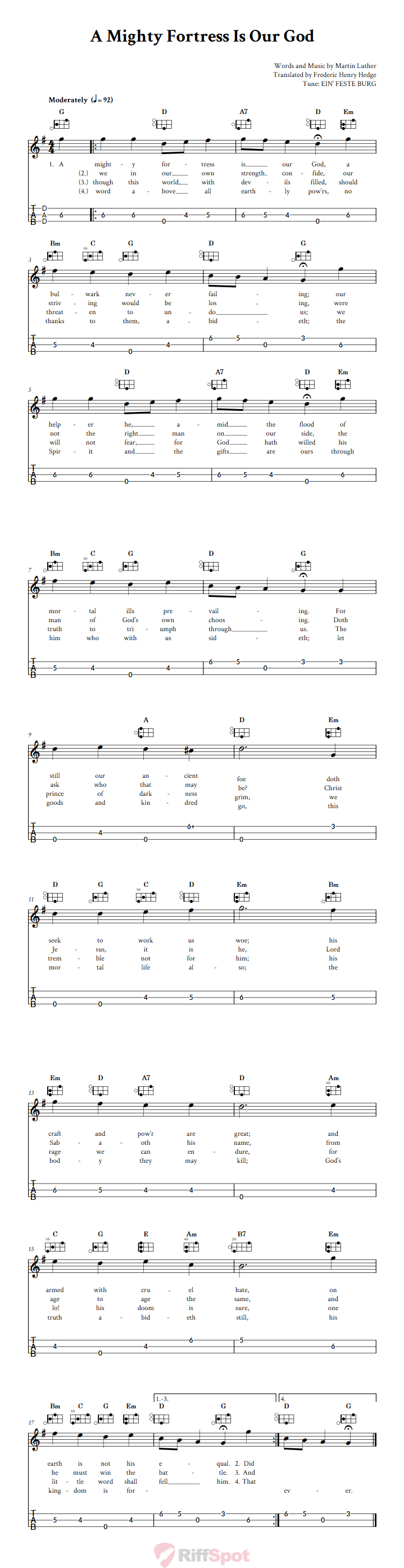 A Mighty Fortress Is Our God Easy Mountain Dulcimer Tab (DAD Tuning)