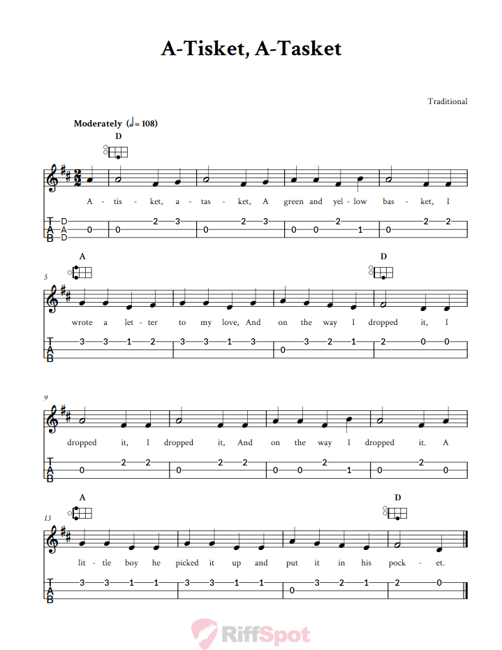 A-Tisket, A-Tasket Easy Mountain Dulcimer Tab (DAD Tuning)