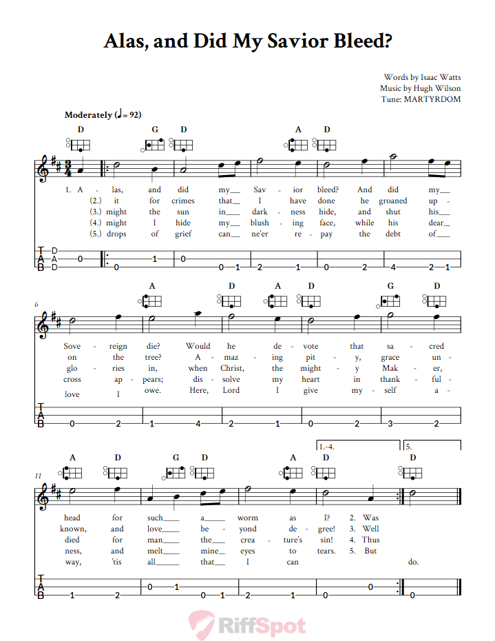Alas, and Did My Savior Bleed Easy Mountain Dulcimer Tab (DAD Tuning)