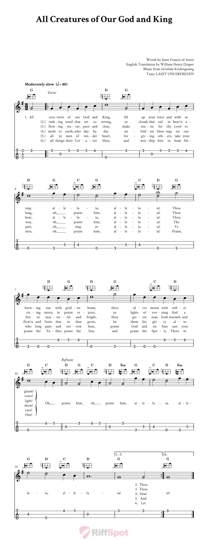 All Creatures of Our God and King Easy Mountain Dulcimer Tab (DAD Tuning)