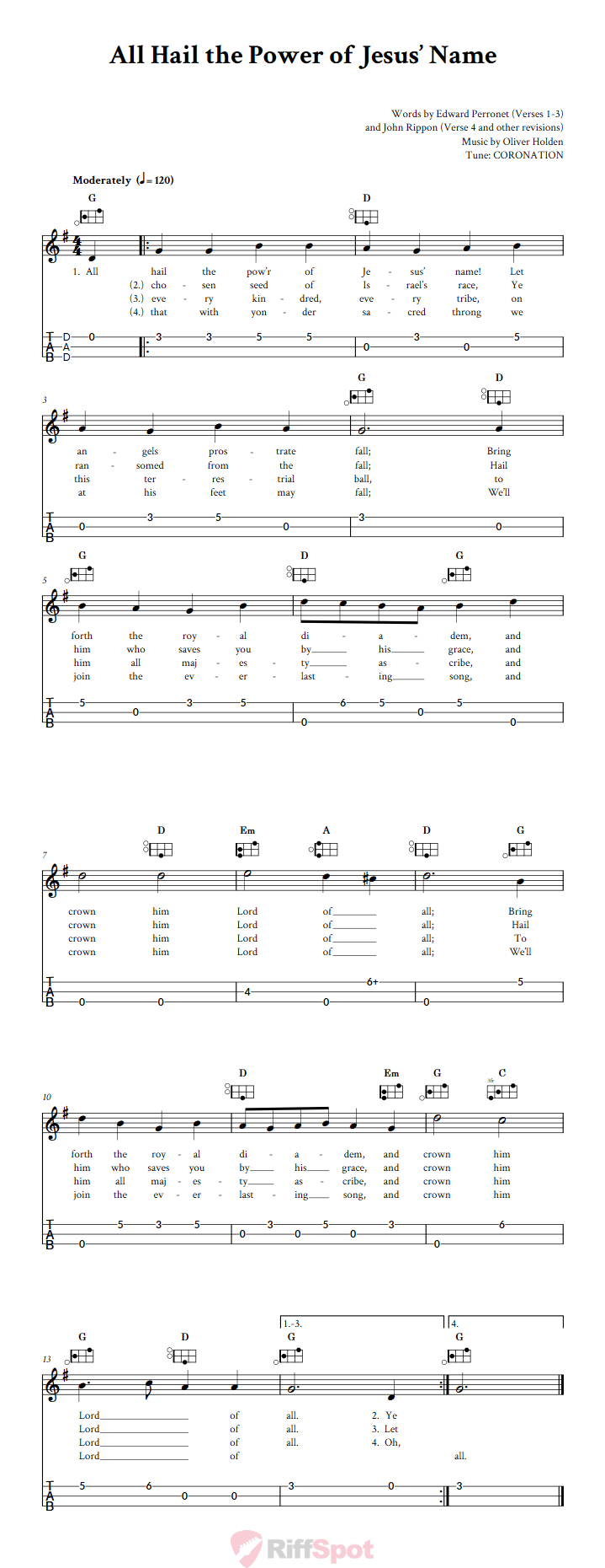 All Hail the Power of Jesus' Name Easy Mountain Dulcimer Tab (DAD Tuning)