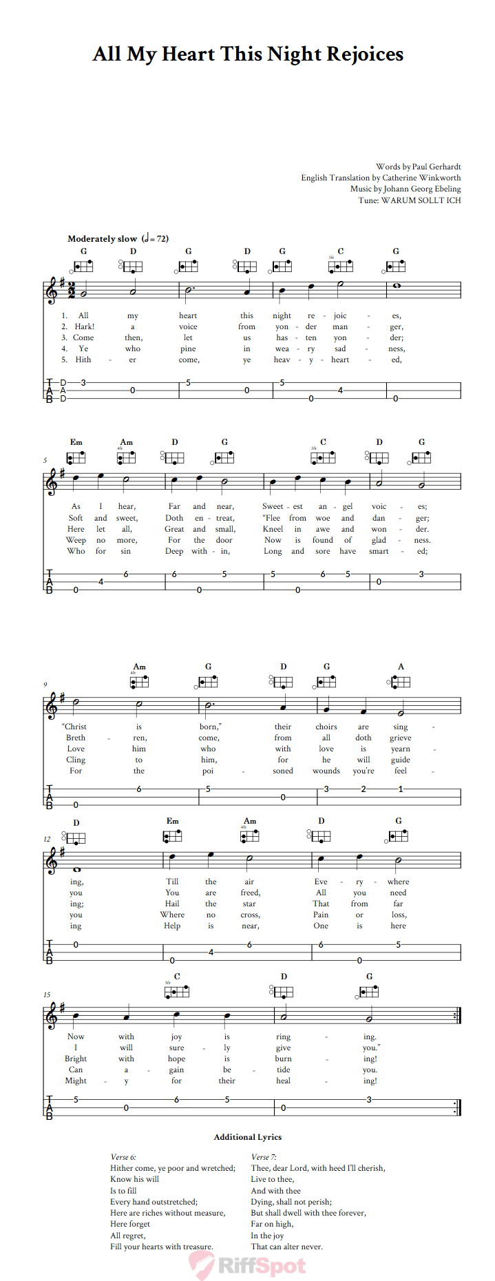 All My Heart This Night Rejoices Easy Mountain Dulcimer Tab (DAD Tuning)