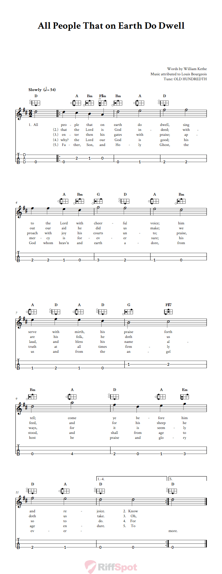 All People That On Earth Do Dwell Easy Mountain Dulcimer Tab (DAD Tuning)