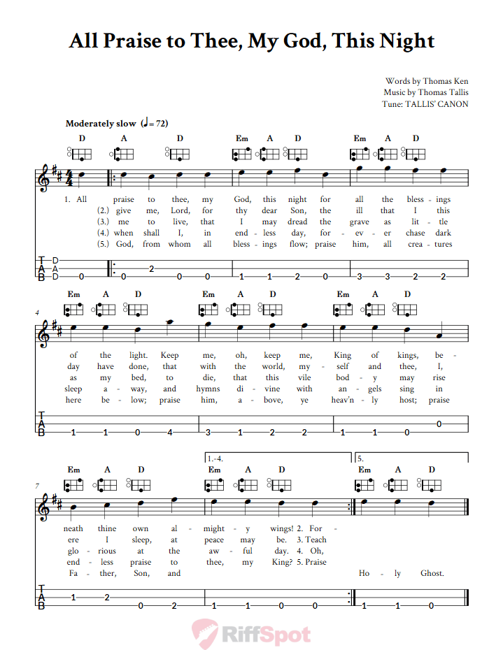 All Praise to Thee, My God, This Night Easy Mountain Dulcimer Tab (DAD Tuning)