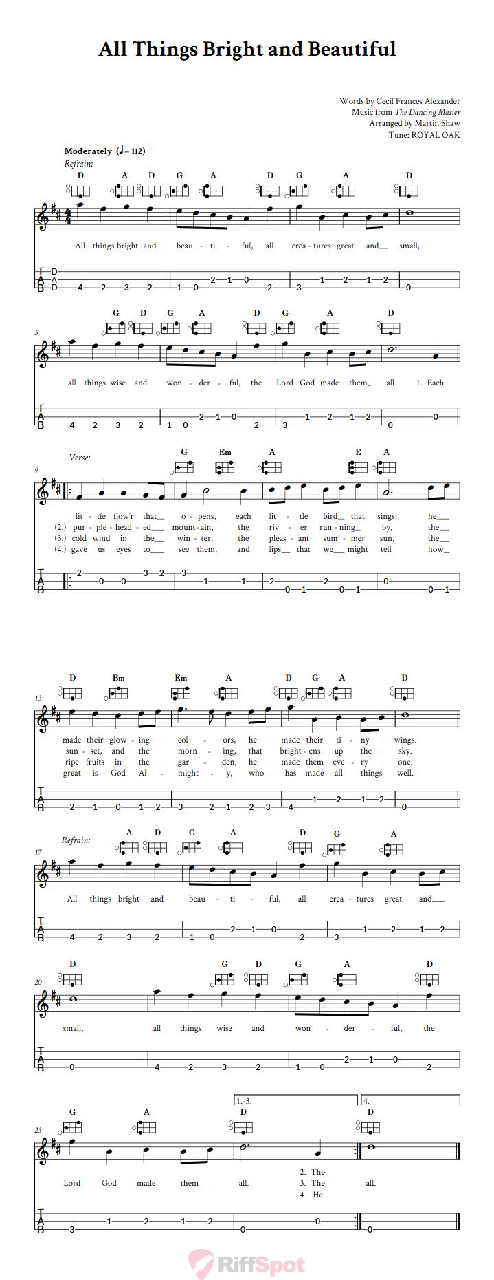 All Things Bright and Beautiful Easy Mountain Dulcimer Tab (DAD Tuning)