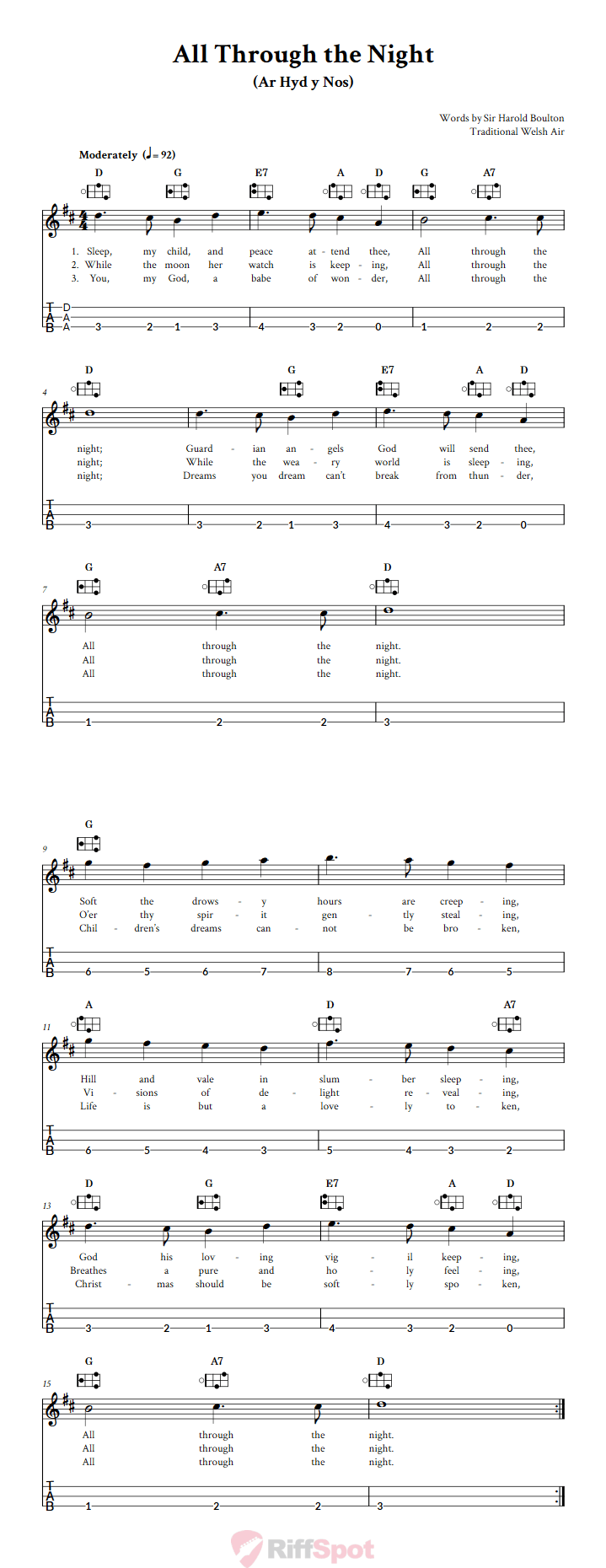 All Through the Night Easy Mountain Dulcimer Tab (DAA Tuning)