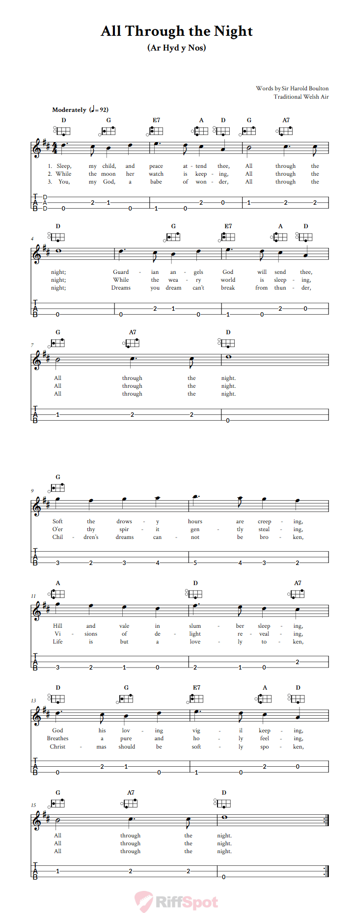 All Through the Night Easy Mountain Dulcimer Tab (DAD Tuning)