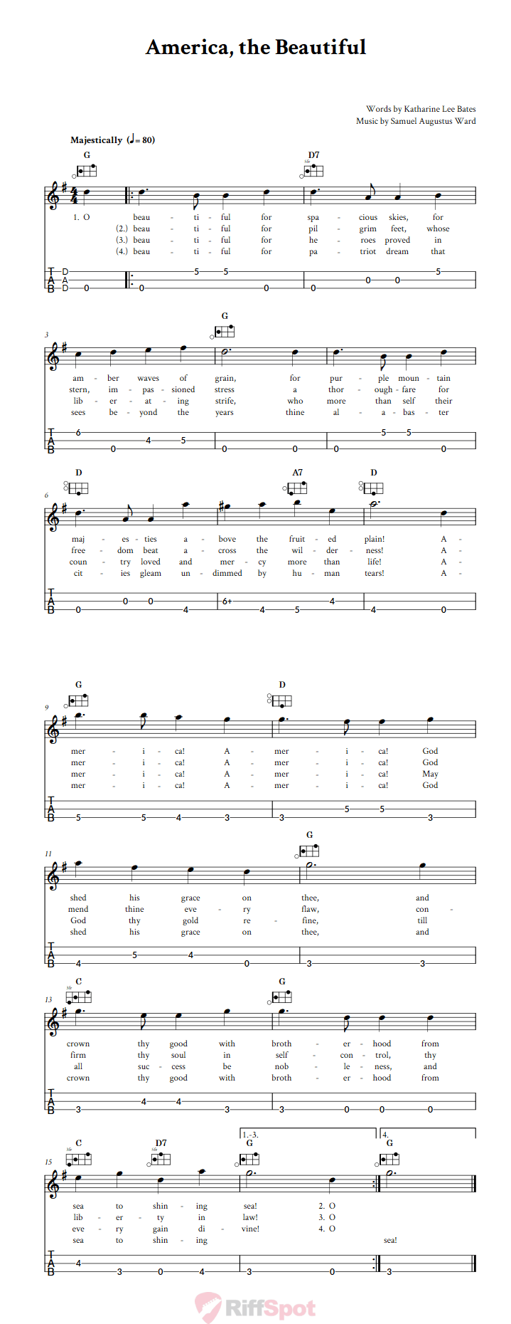 America, the Beautiful Easy Mountain Dulcimer Tab (DAD Tuning)
