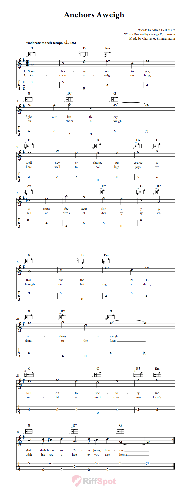 Anchors Aweigh Easy Mountain Dulcimer Tab (DAD Tuning)