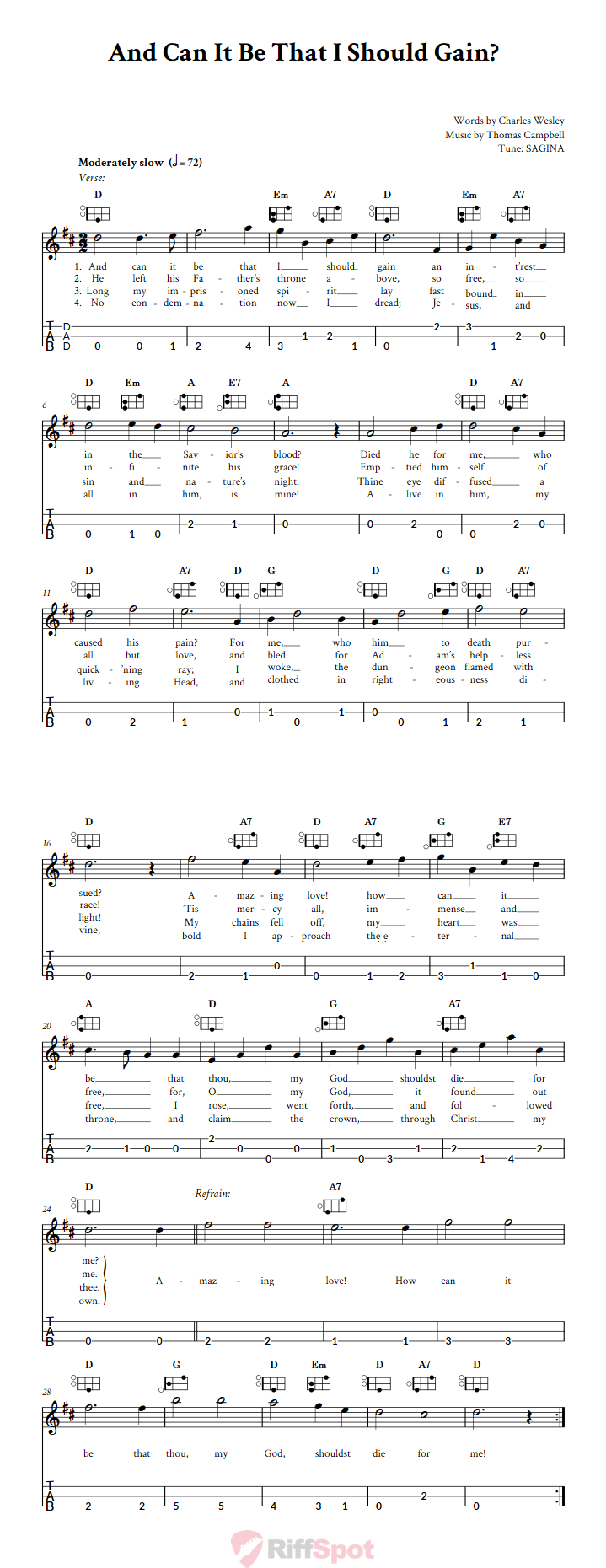 And Can It Be That I Should Gain Easy Mountain Dulcimer Tab (DAD Tuning)