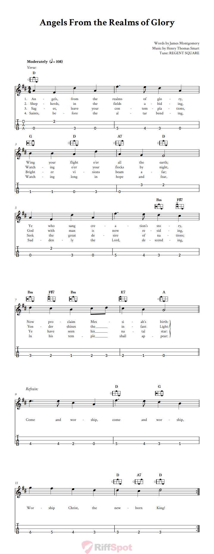 Angels From the Realms of Glory Easy Mountain Dulcimer Tab (DAA Tuning)