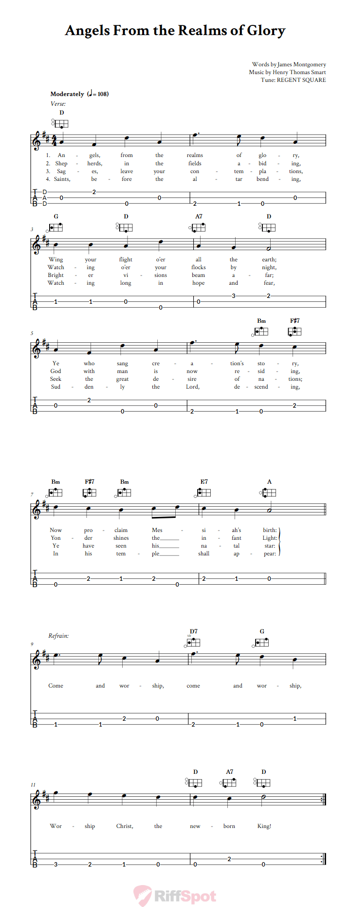 Angels From the Realms of Glory Easy Mountain Dulcimer Tab (DAD Tuning)